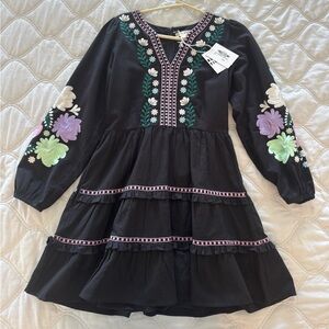 Roller Rabbit black floral embroidered ruffle dress , size small